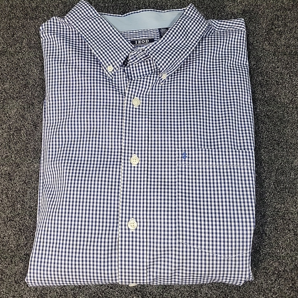 IZOD Men's 3XL Blue & White Gingham Check Non-Iron Stretch Button Down Shirt